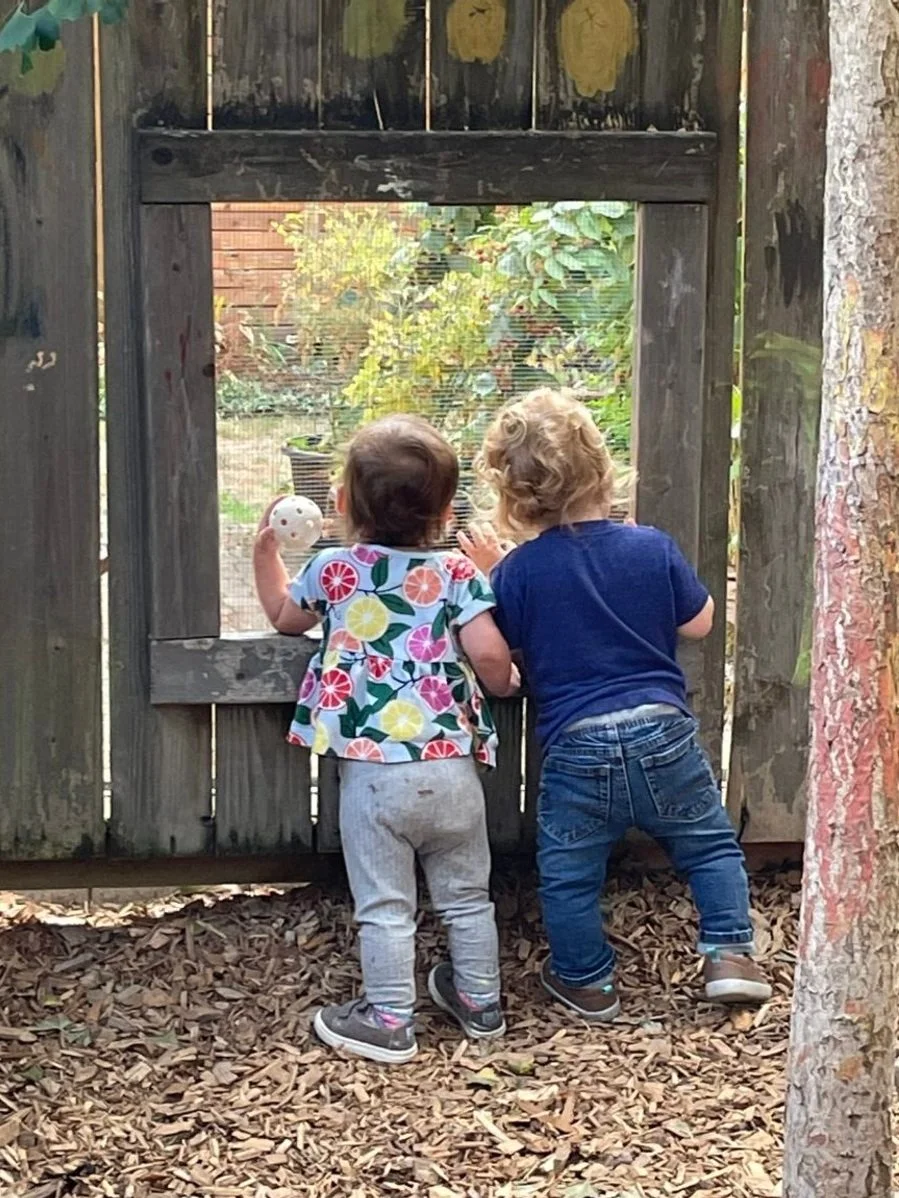 Children looking out through a window at the center